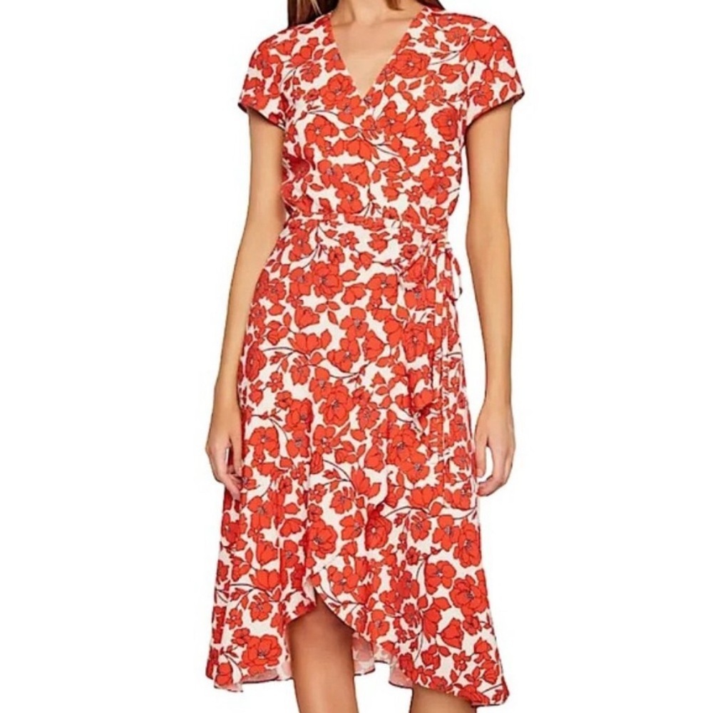 Bardot Fiesta Red Floral Faux Wrap Midi Dress Size 8 NWOT Boho Ruffle